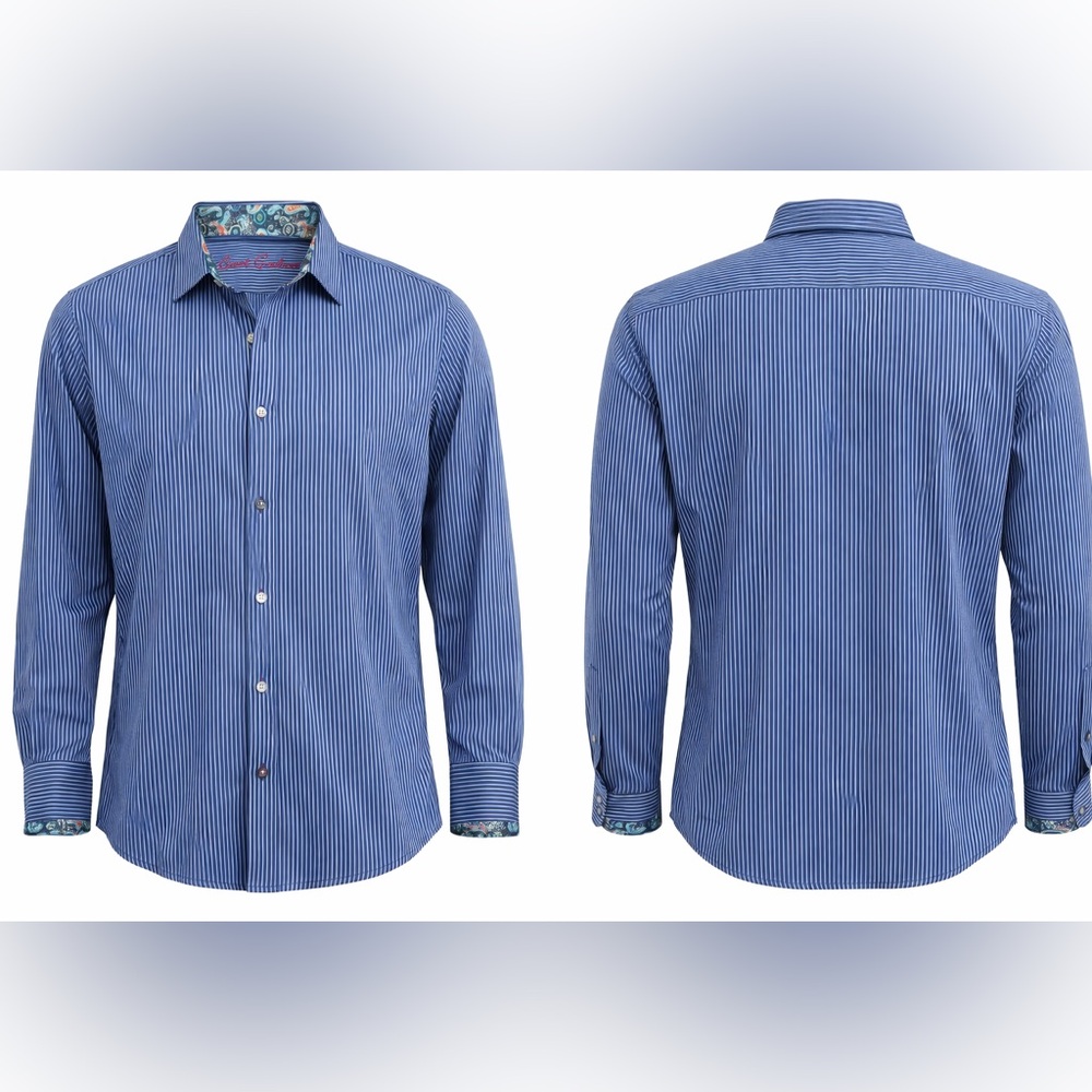 Robert Graham Blue Stripe Button Shirt XL Paisley Trim Cotton